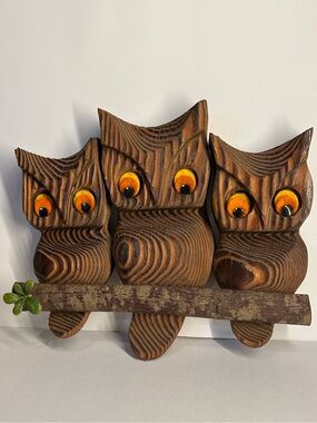 Vintage Handcrafted Wooden Owl Trio Wall Decor MCM